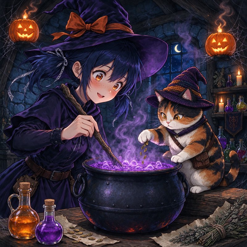 Young anime witch and her hat-wearing calico cat brew magic potion together over a bubbling cauld...