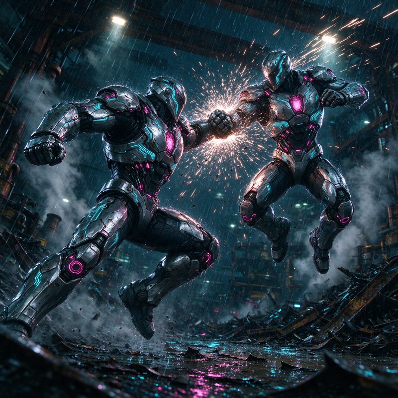 Two neon-accented silver mech warriors clash fist to fist in a rainy industrial scrapyard