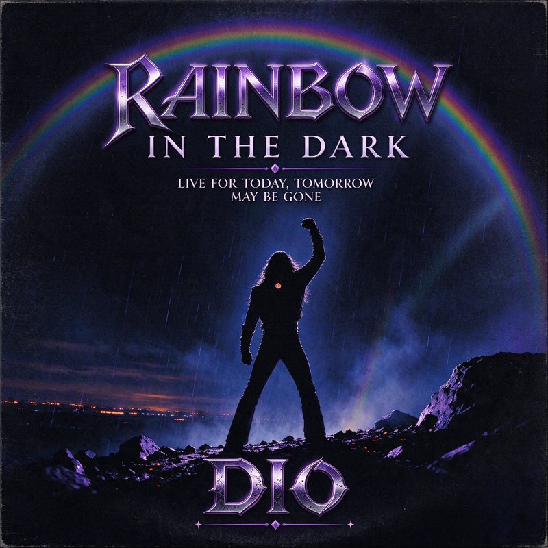Dio Rainbow in the Dark album cover featuring silhouetted rock performer under a glowing night ra...