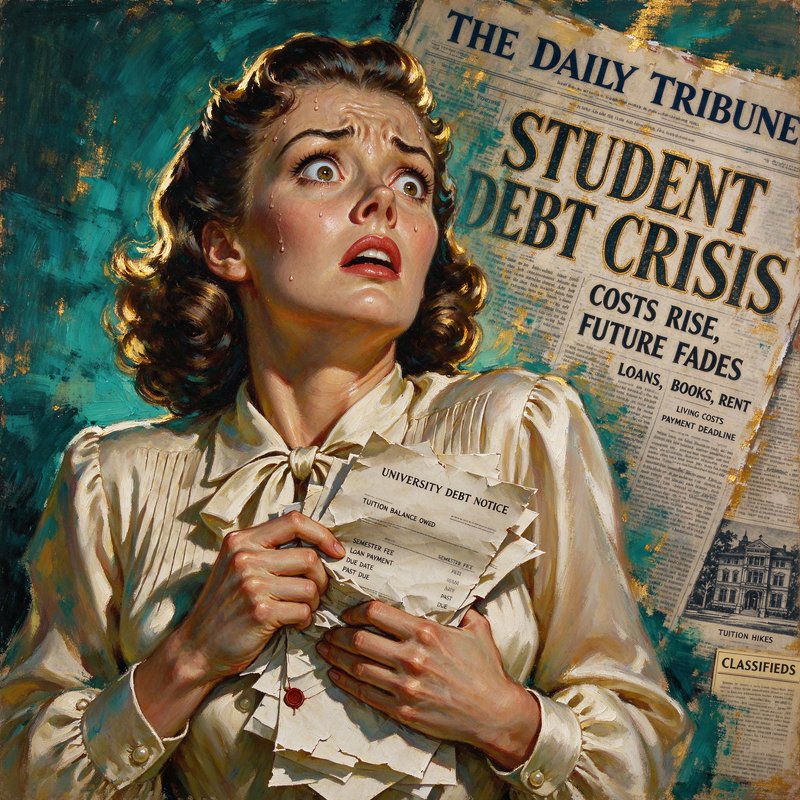 Panicked retro woman clutching university debt notices beside a student debt crisis newspaper hea...