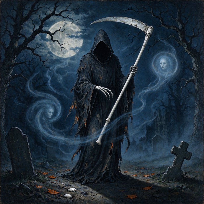 Grim Reaper holding a bone scythe stands in a misty moonlit graveyard surrounded by floating ghost apparitions