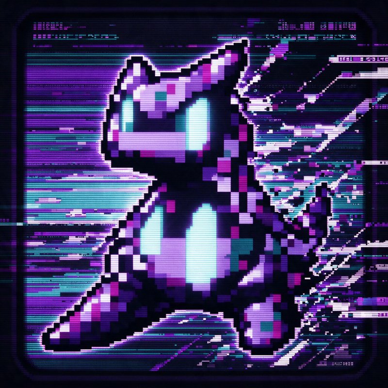 Glowing glitchy pixel art cyber cat against distorted CRT static and scan line background