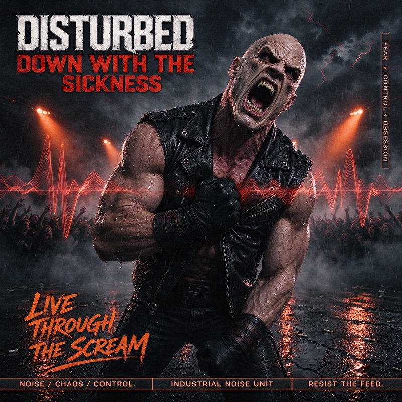 Disturbed Down With The Sickness album art of a screaming muscular mascot on a stormy concert stage