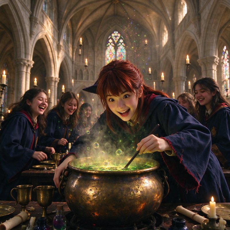Excited young witch stirring a bubbling glowing cauldron during a wizarding school potions class