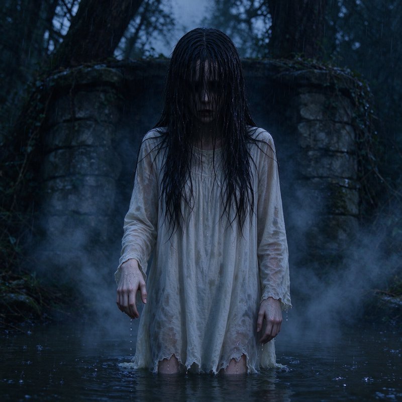 Ghostly drowned woman with wet stringy dark hair standing in shallow water before an old overgrow...