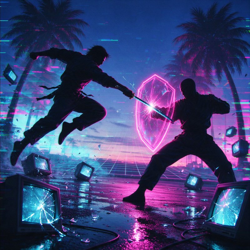 Silhouetted warriors duel as a katana strikes a glowing pink energy shield in a glitchy synthwave...