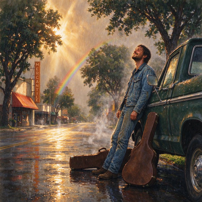 Bearded musician leaning on a vintage truck enjoying a sunshower with rainbow over small town street