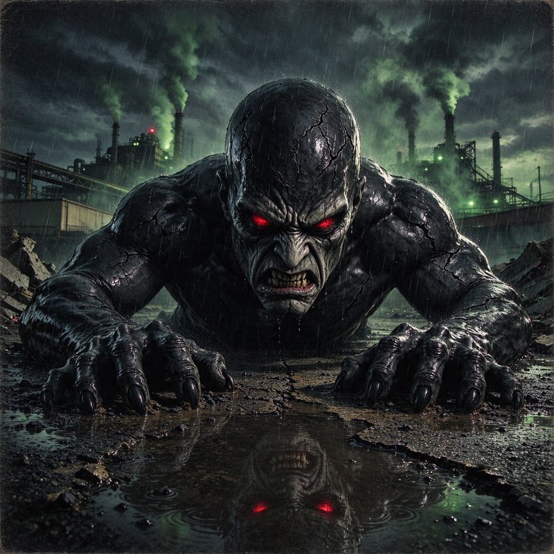Cracked obsidian humanoid monster with glowing red eyes crawls toward the viewer in a polluted in...
