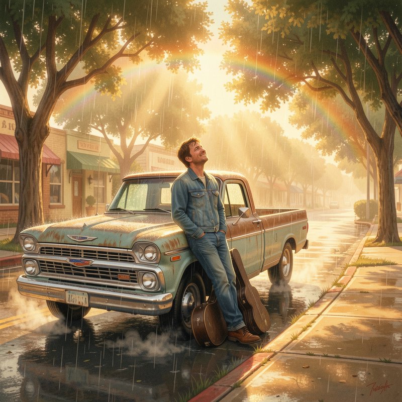 Smiling man leaning on a weathered vintage pickup with guitar cases beneath a rainbow during a go...