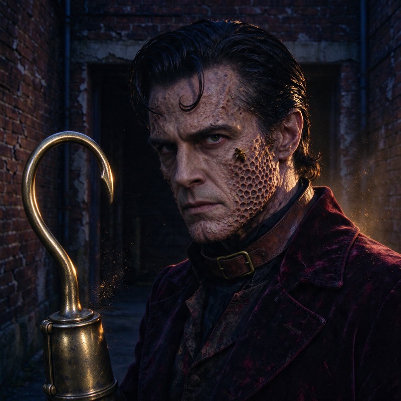 Uncanny Victorian horror man with honeycomb skin, brass hook hand, and a bee on his face in a dar...