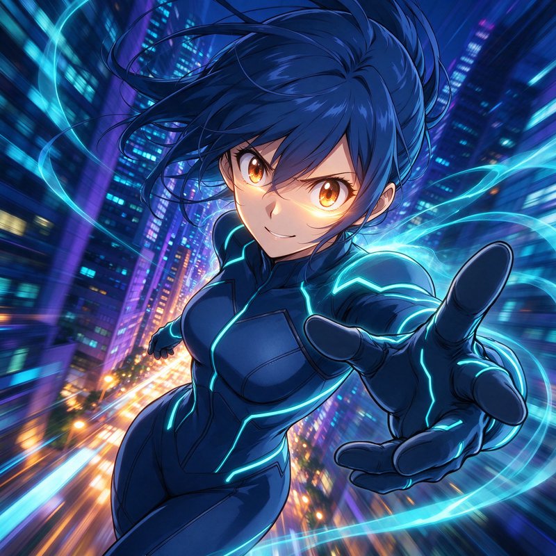 Anime superheroine in a glowing blue suit reaches out while flying over a neon night city