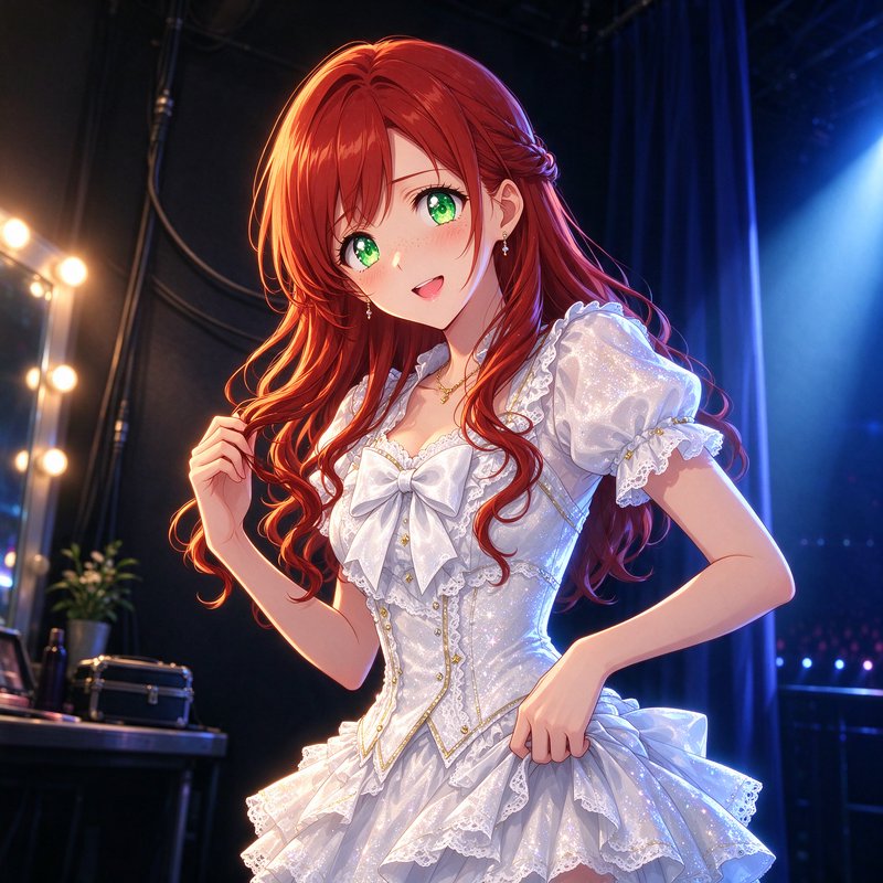 Anime girl with long wavy red hair and bright green eyes wears a frilly white dress in a theater ...