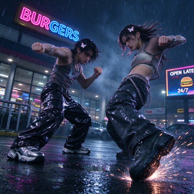 Two edgy stylized characters in fighting stances outside a neon lit burger joint on a rainy night