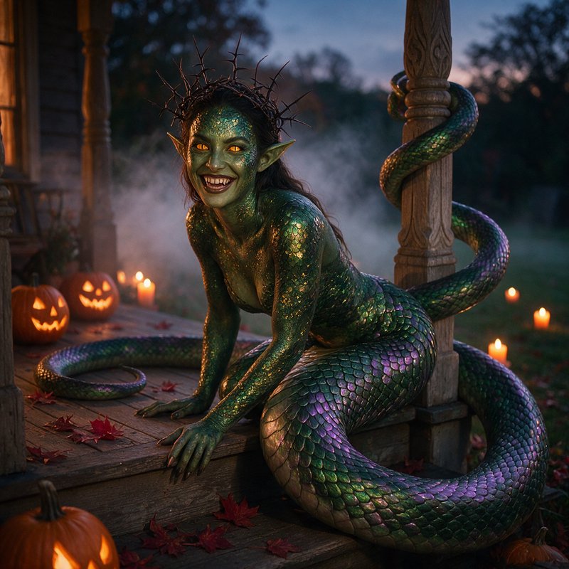 Grinning iridescent green naga with a thorn crown crouches on a foggy Halloween porch at dusk