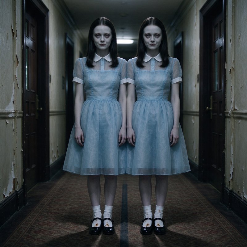 Creepy identical twin girls stand side by side in a dim decaying old hotel hallway