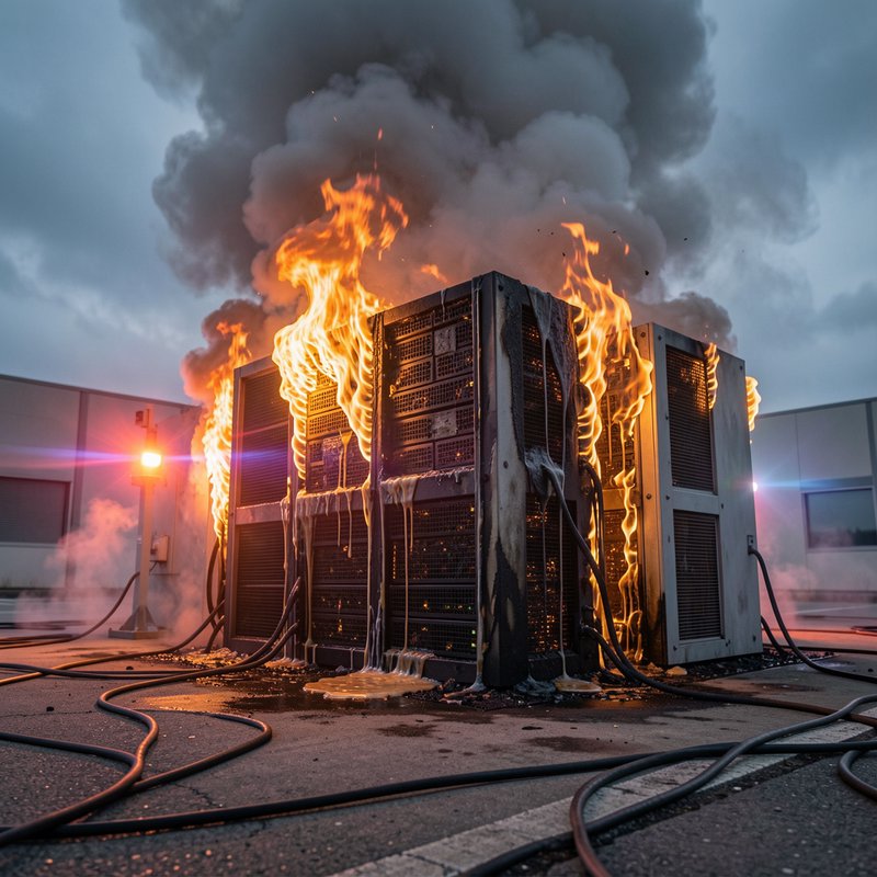 Burning data center server rack engulfed in bright orange flames outdoors under a cloudy dusk sky