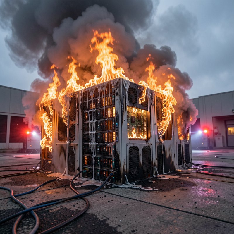Server rack engulfed in bright orange flames burns outside an industrial data center facility