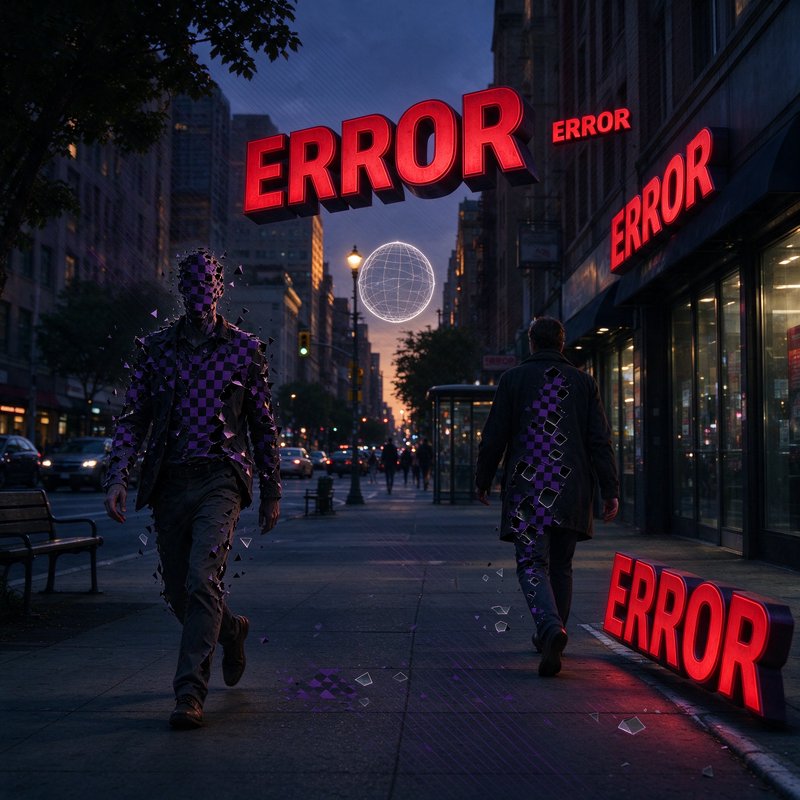 Surreal glitch art of dissolving checkered figures on a dusk city street overlaid with glowing re...