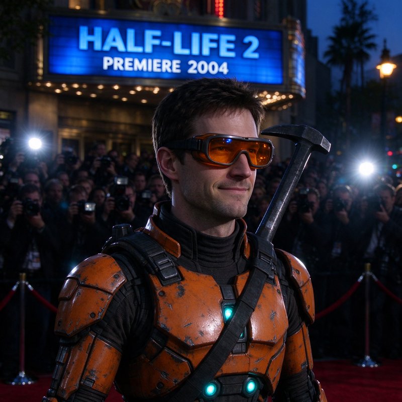 Gordon Freeman in an orange HEV suit attends the Half-Life 2 2004 red carpet premiere