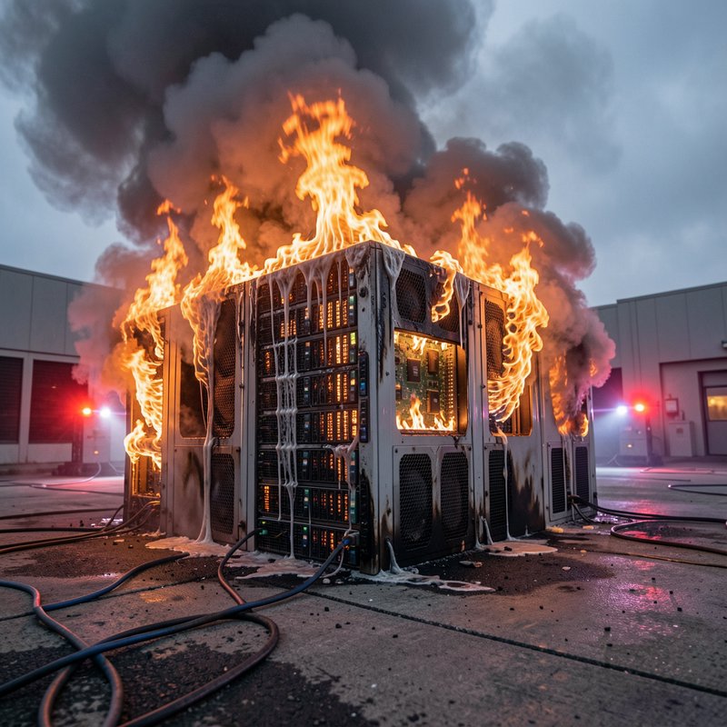 Burning data center server rack engulfed in flames outside an industrial facility