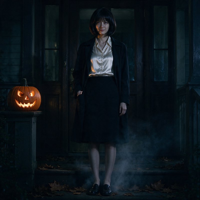 Woman standing on a foggy old home porch beside a glowing jack-o-lantern on Halloween night
