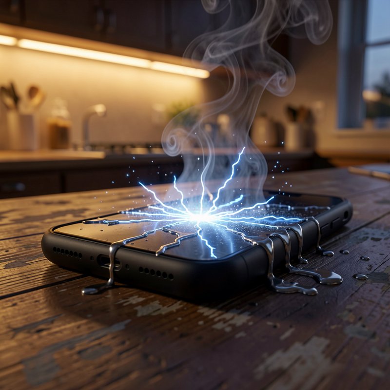 Overheating melting smartphone emits electric sparks and rising smoke on a rustic wooden kitchen ...