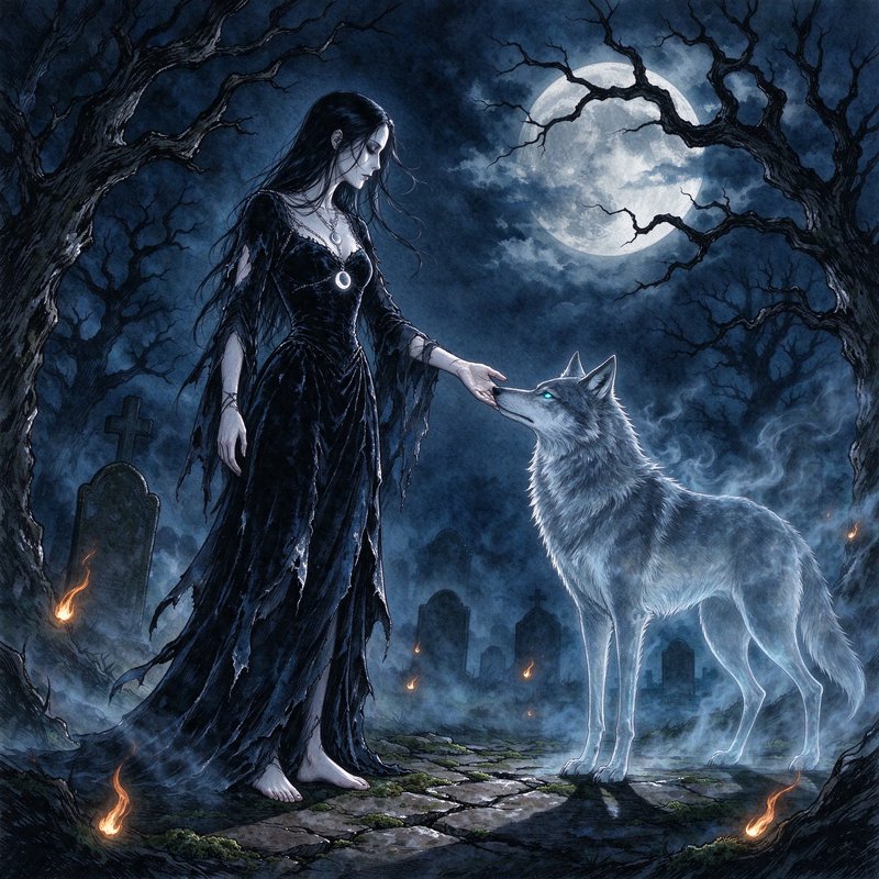 Gothic sorceress petting a glowing spectral wolf in a misty moonlit graveyard