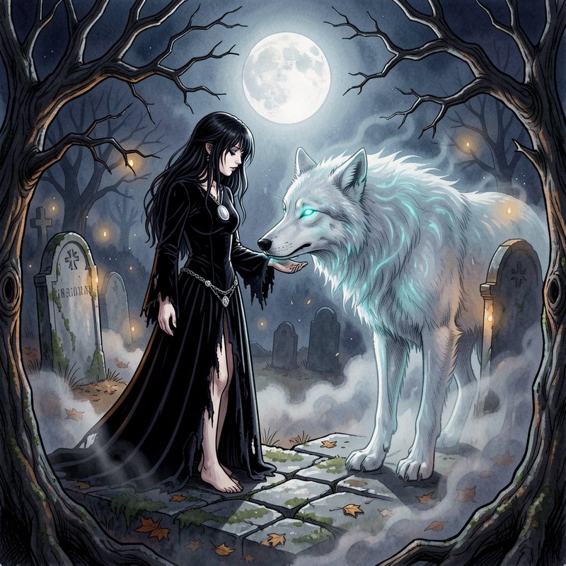 Goth woman in a tattered black gown stands face to face with a glowing spectral white wolf in a m...