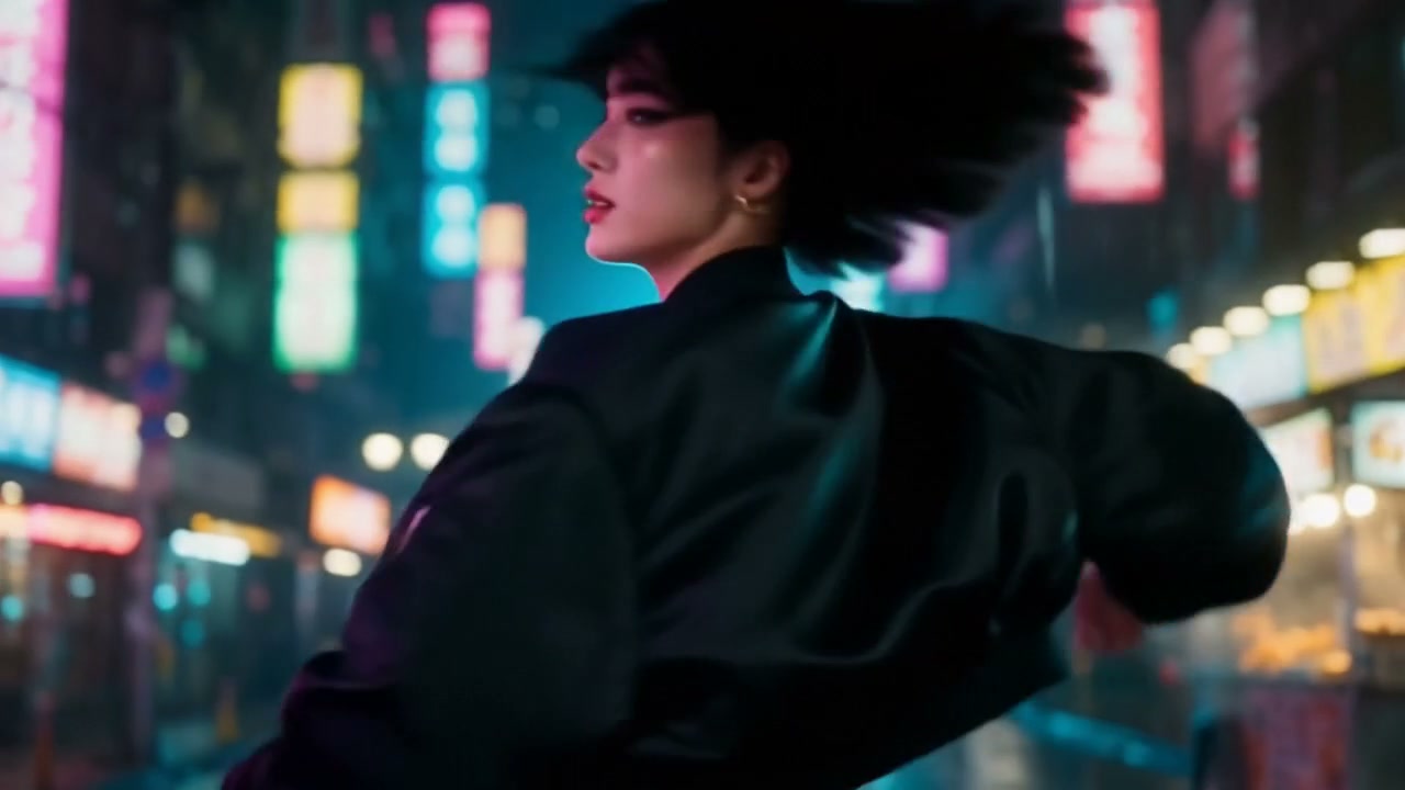 Neon-lit city at night with a stylish person in motion, blurred background.