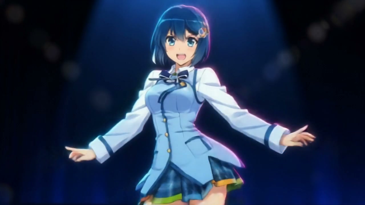 Anime girl in a light blue school uniform performing on a dark stage under spotlight