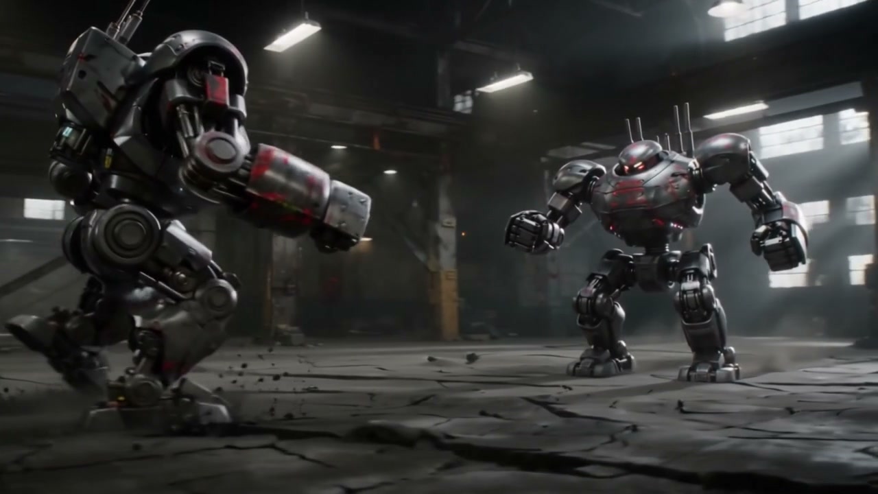 Two heavy armored combat mechs face off, one advancing aggressively, inside a grim industrial war...