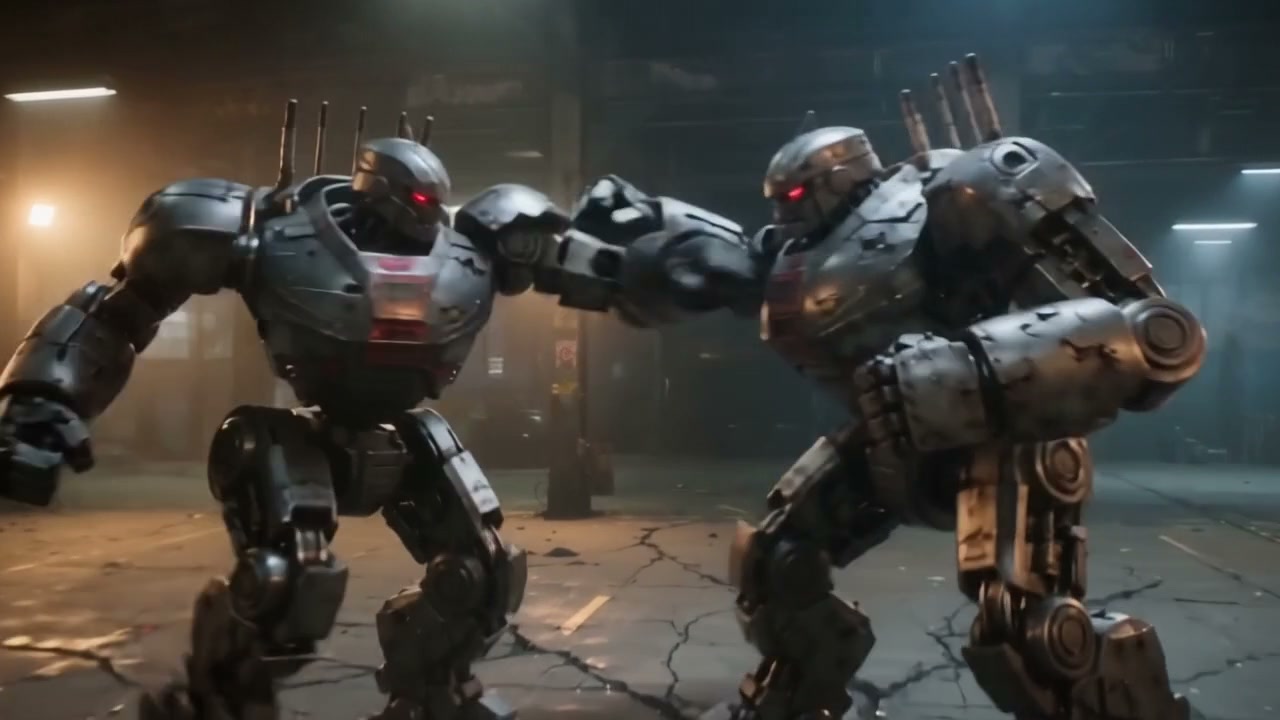 Two battle-worn gunmetal combat mechs fist bumping, glowing red eyes, inside a dim cracked indust...
