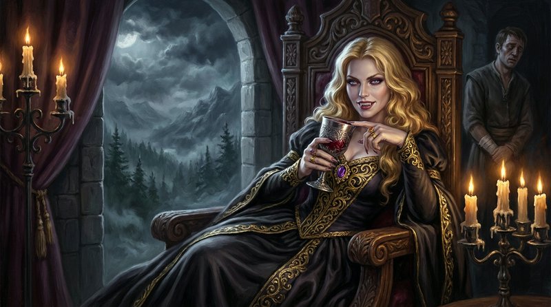 Regal blonde vampire queen sits on an ornate throne holding a goblet in a candlelit gothic castle tower