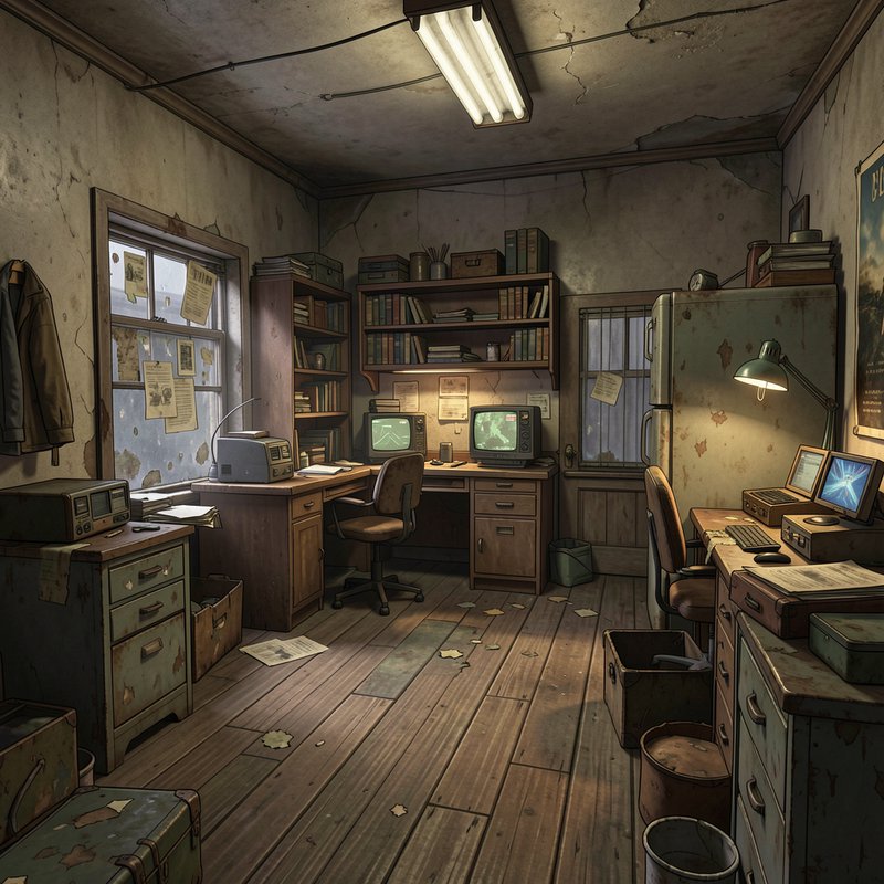 Dilapidated retro abandoned office interior with vintage CRT monitors, wooden desks, bookshelves,...