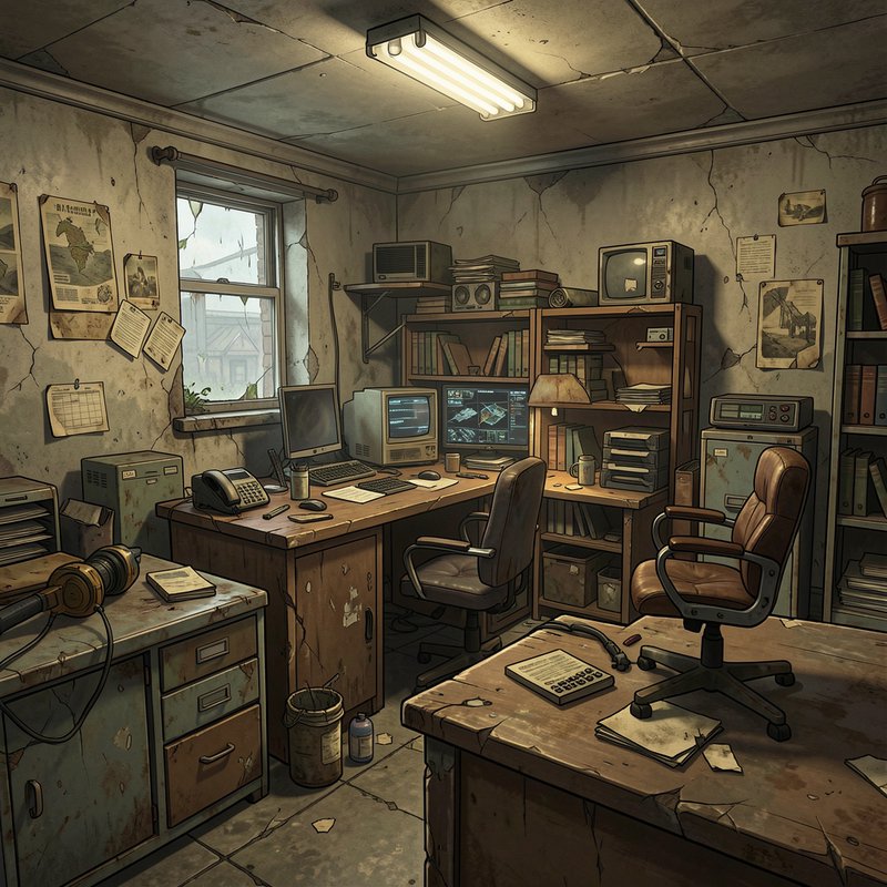 Dilapidated retro post-apocalyptic office interior with weathered desks, vintage tech, and cracke...