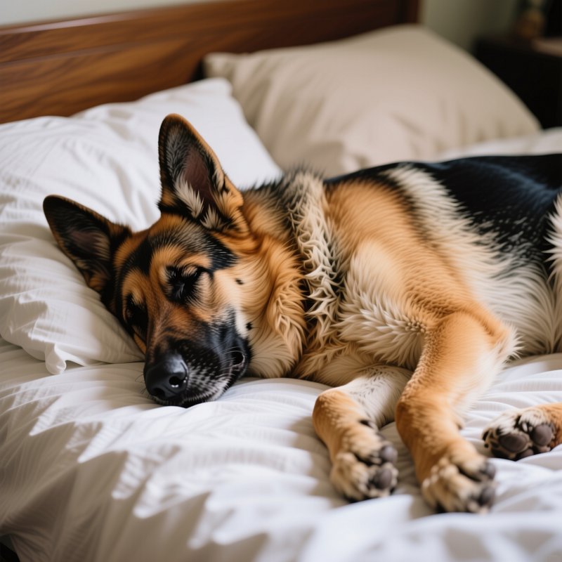 Sleepy black and tan German Shepherd rests lazily on soft white bed linens, head propped on a bed...