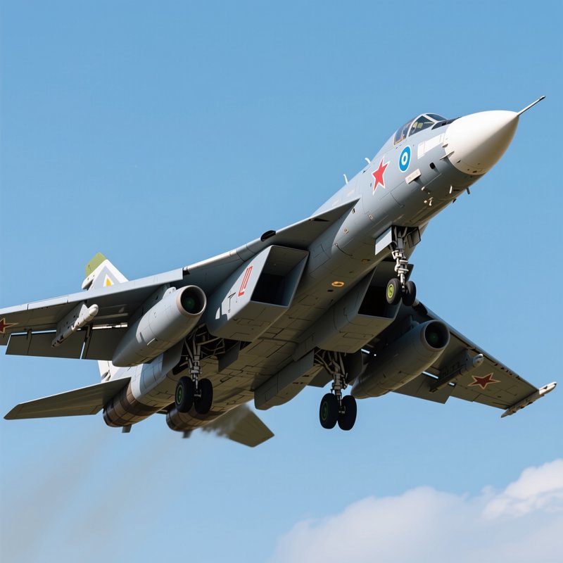 Low angle view of gray Russian supersonic fighter jet with extended landing gear flying against c...