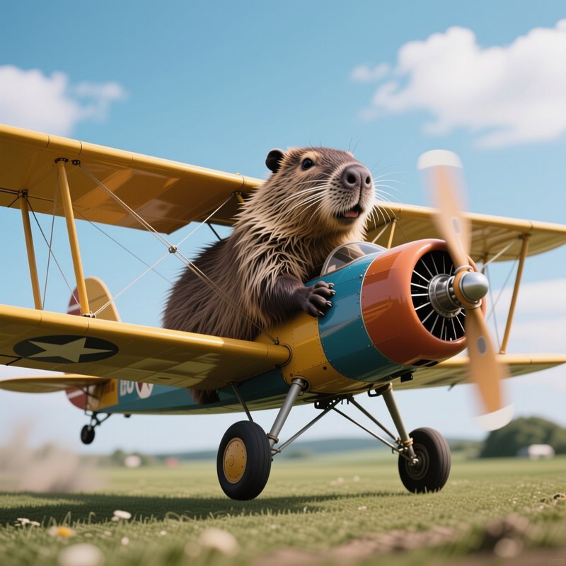 Happy nutria pilot leans out of a colorful vintage biplane with a spinning propeller on a sunny g...