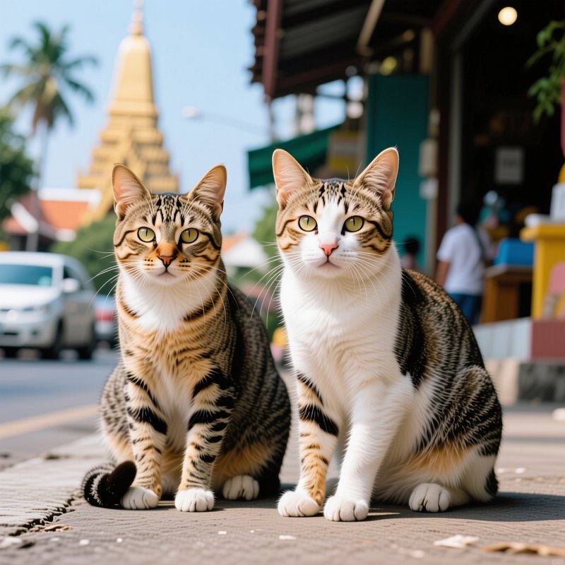 Two tabby domestic cats sit side-by-side on a sunny sidewalk, with a blurred golden Thai stupa in...