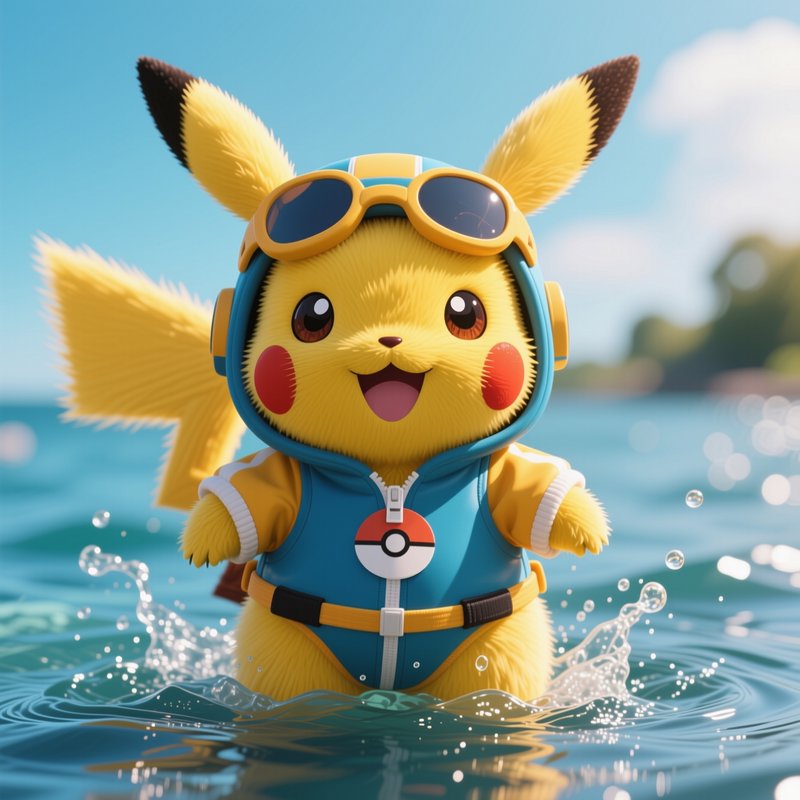 Fluffy Pikachu in a scuba diving suit and goggles stands smiling in bright sunlit tropical ocean ...