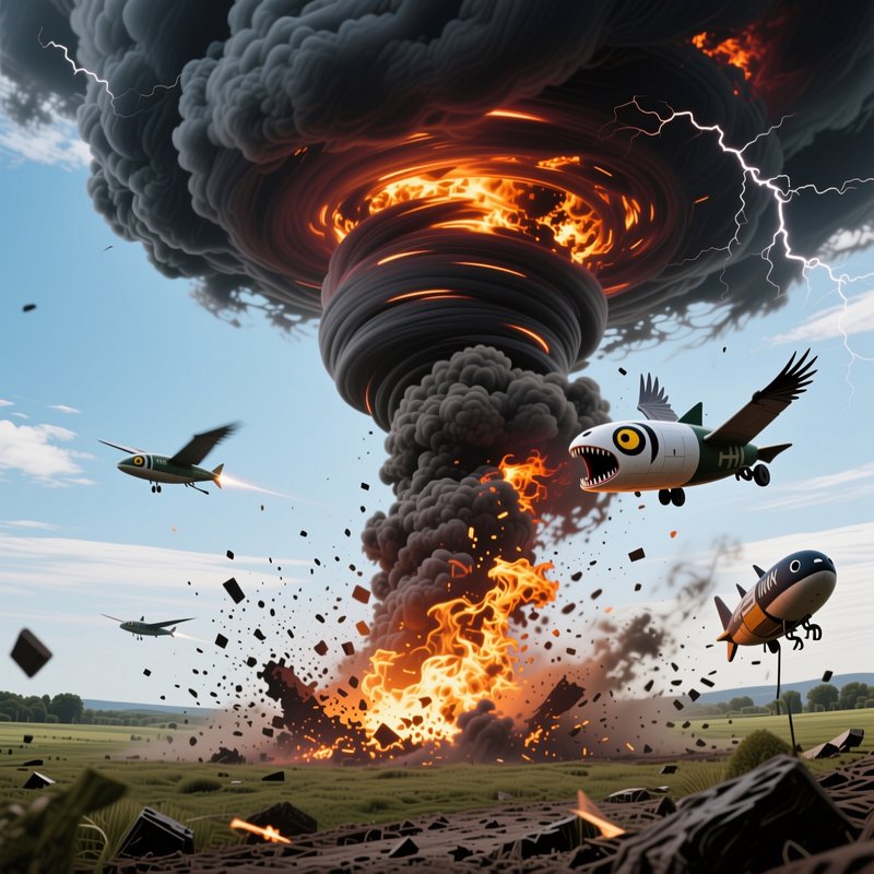 Surreal fiery tornado erupts over grassy plain, with whimsical cartoon fish-airplane hybrids flyi...