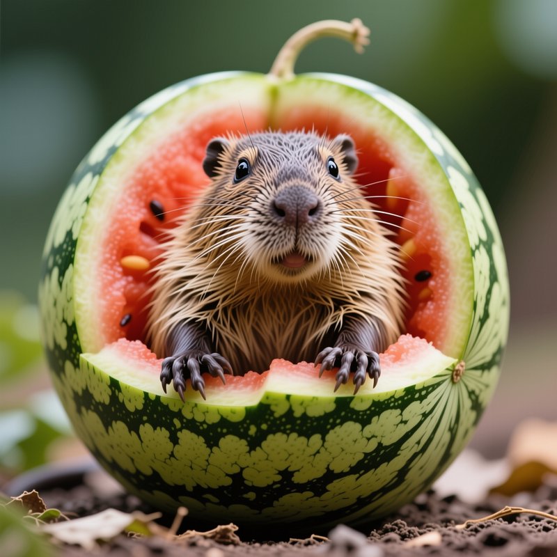 Cute fluffy nutria (coypu) rodent peeking out from inside a hollowed ripe striped watermelon, fac...