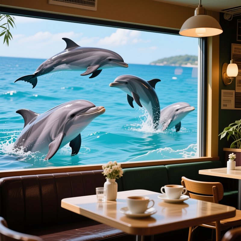 Cozy cafe interior with set coffee tables, four leaping bottlenose dolphins visible through a lar...