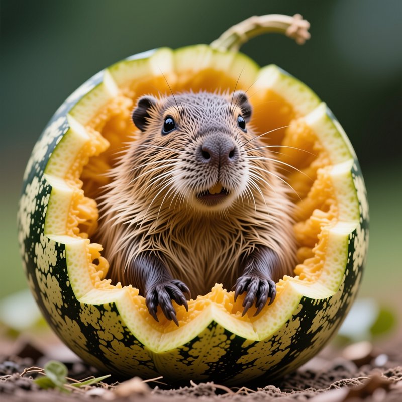 Adorable spiky furred nutria peeking out from inside a hollowed carved speckled gourd