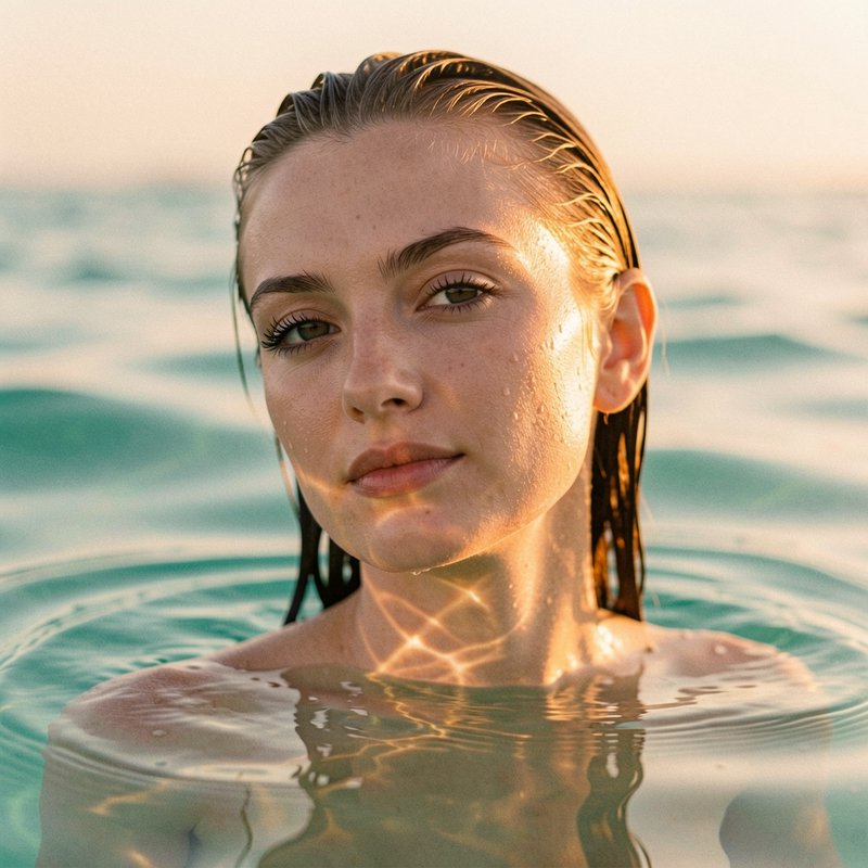Young woman with wet hair partially submerged in turquoise ocean at golden hour