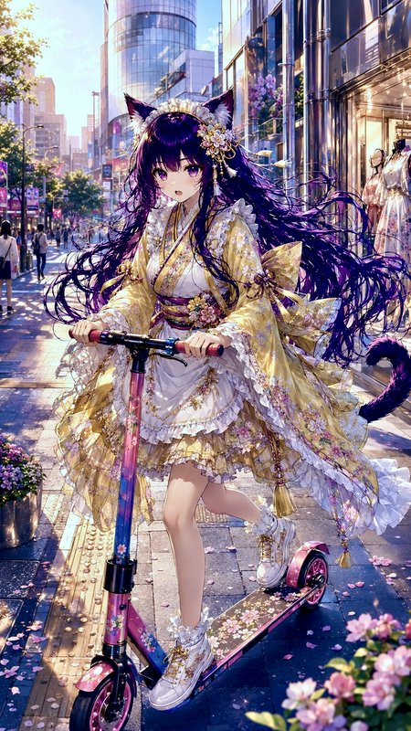 Anime-style girl with cat ears riding a pink scooter in a city street, wearing an ornate gold-and...