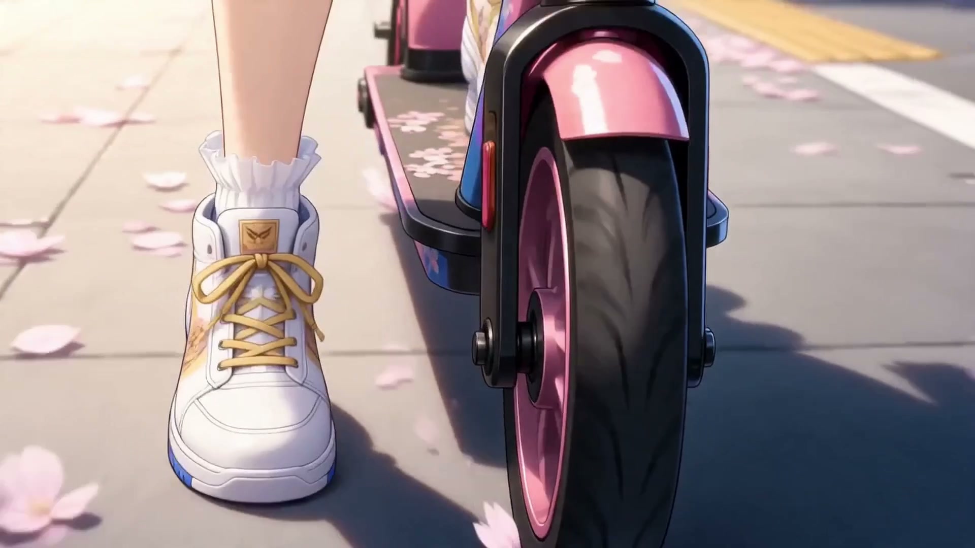 Close-up of a stylish white sneaker beside a pink-rimmed scooter on a sunny sidewalk.