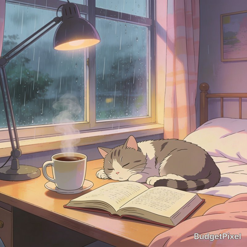 [Cozy lofi anime scene of a sleeping tabby cat on a desk beside steaming coffee, an open book, and a rain-streaked window]