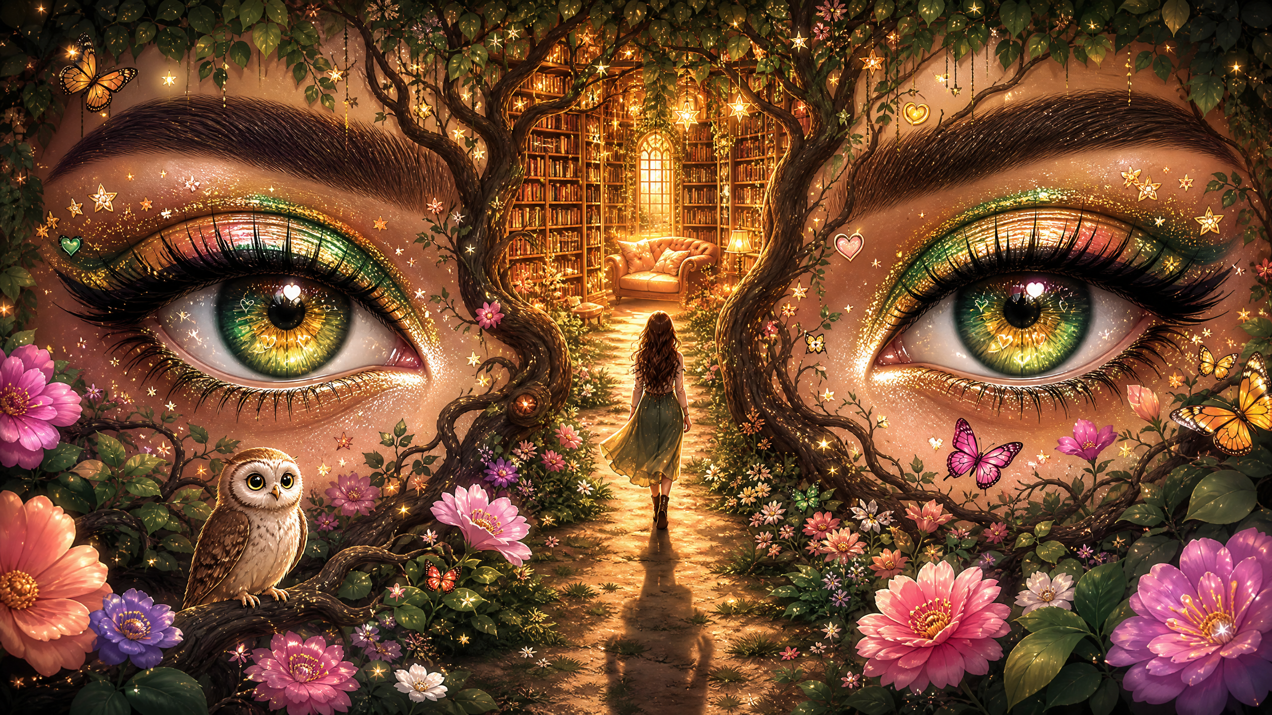 Fantasy scene with giant eyes forming a gateway to a glowing library as a girl walks a flower-filled path.