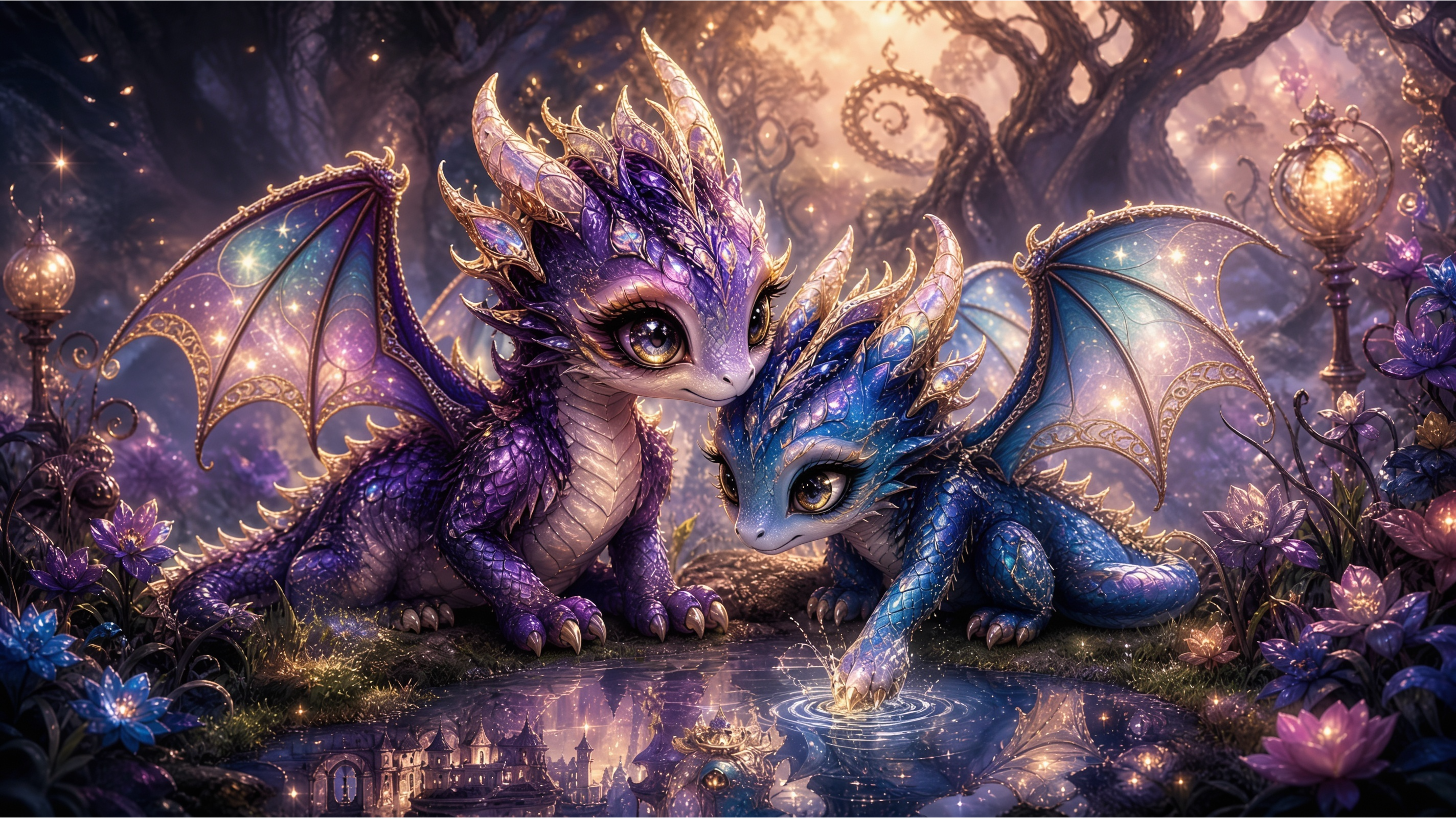 Two cute, glittery purple and blue baby dragons share a tender moment in a glowing enchanted forest by a shimmering magica...